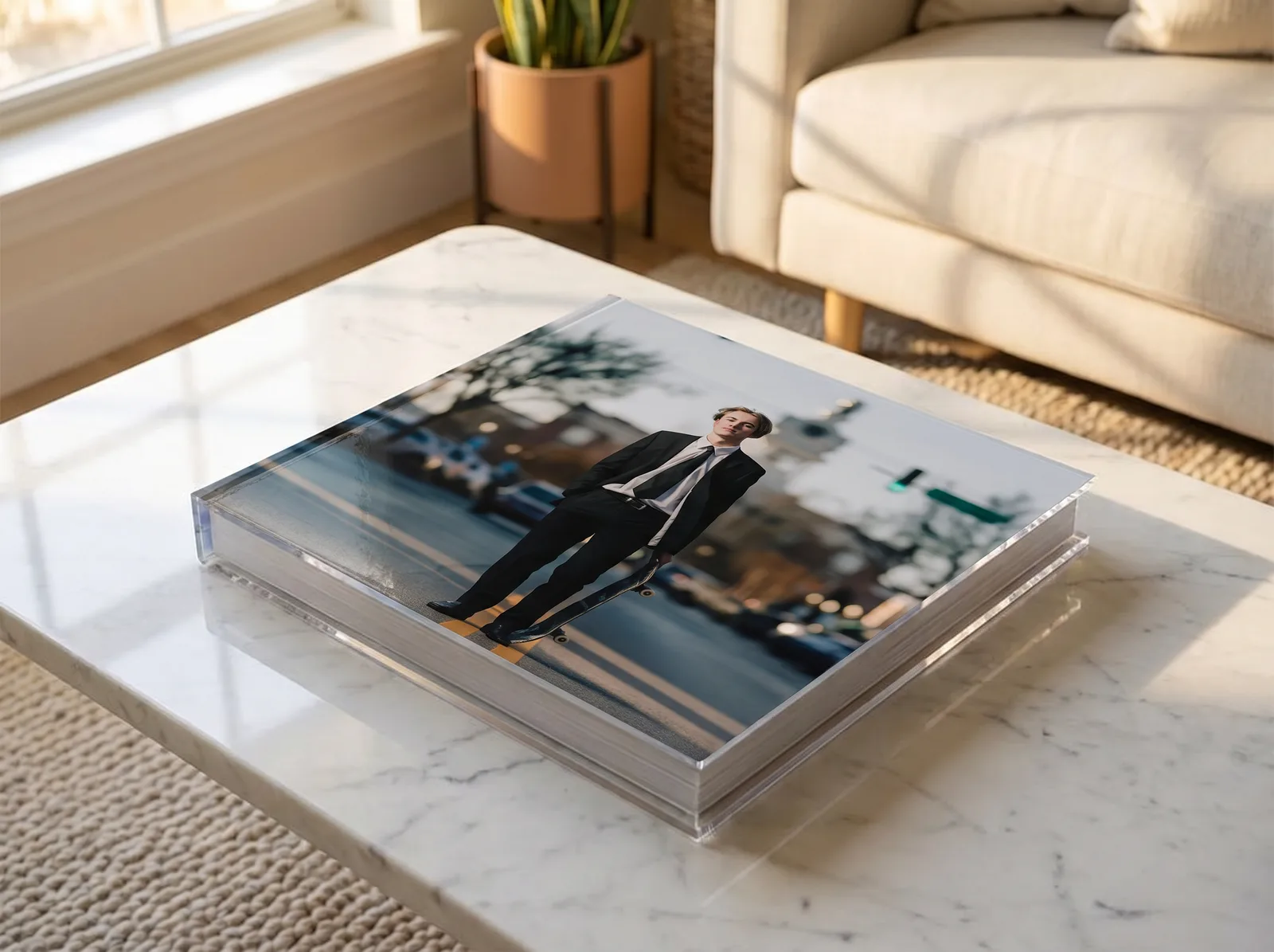 Mockup of a thick lay-flat heirloom album with an acrylic photo cover on a marble coffee table